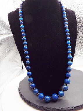 BRILLIANT LAPIS STONE GRADUATED ORBS GOLD SPACERS 22" L. NECKLACE 1